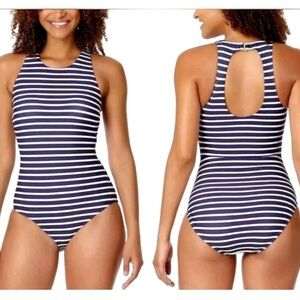Lands' End Women's High Neck one piece Swimsuit Navy stripe built in cups